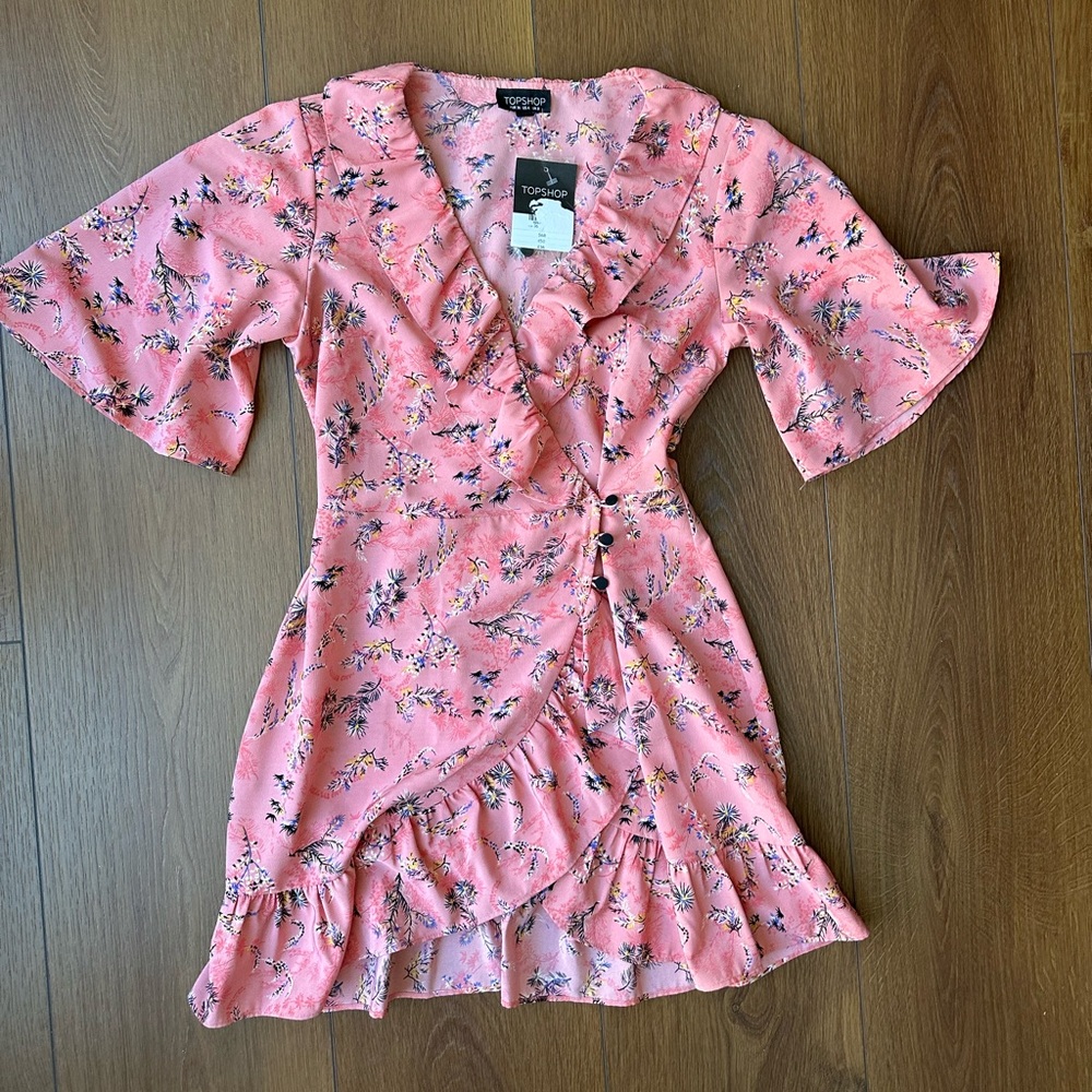 Topshop Pink Floral Dress with ruffle and flowy sleeves